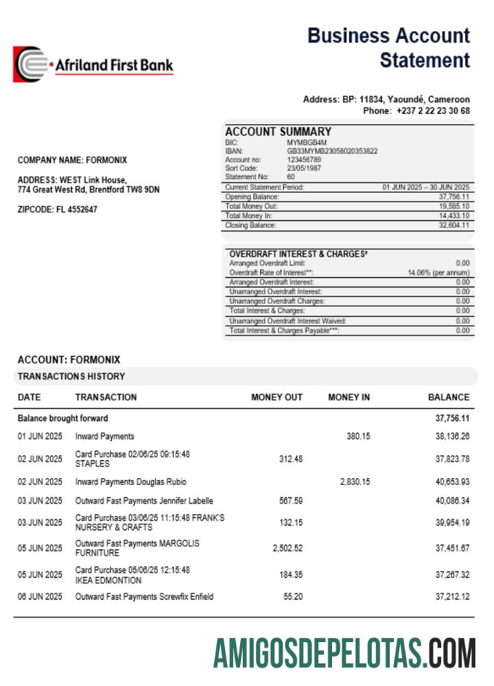 Baixável Afriland First Organization Checking modelo de extrato de conta Word e PDF